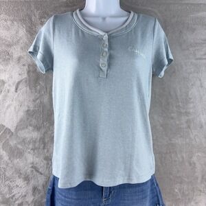 Laura Ashley Henley Top Womens Size Small Blue Short‎ Sleeve Button Casual